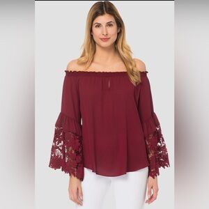 Joseph Ribkoff-Burgundy Off-Shoulder Bell Sleeved Blouse size 4